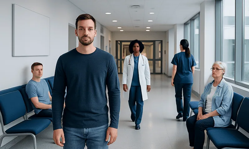 Young man waiting in a hospital corridor with medical staff and patients nearby.