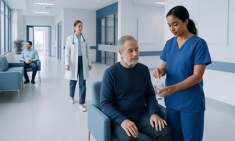 Medical professional preparing a saline solution for a patient in hospital.