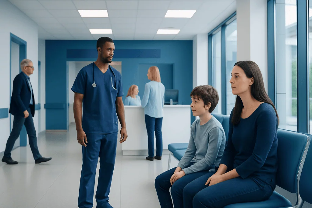 Is ADHD a Mental Illness? Causes, Explanations, and Next Steps 1 Doctor consulting with a young patient and mother in hospital corridor.