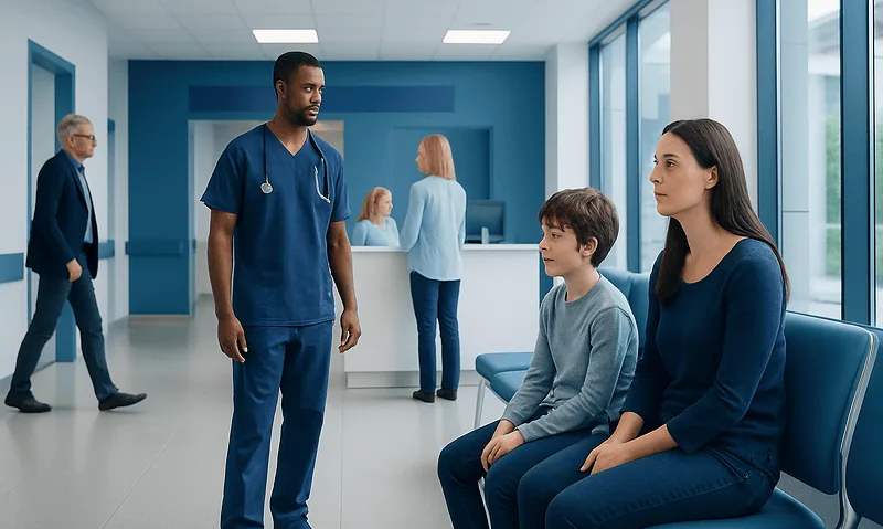 Doctor consulting with a young patient and mother in hospital corridor.
