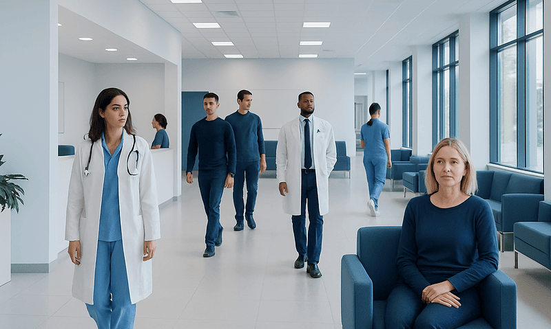 Medical professionals and a patient in a modern hospital corridor.