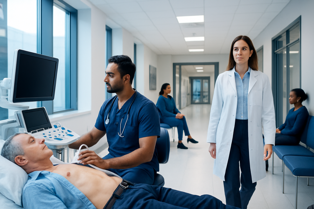 Is an Echocardiogram an Ultrasound: Preparation, Procedure and Results 1 Medical professional performs echocardiogram on patient in hospital corridor.