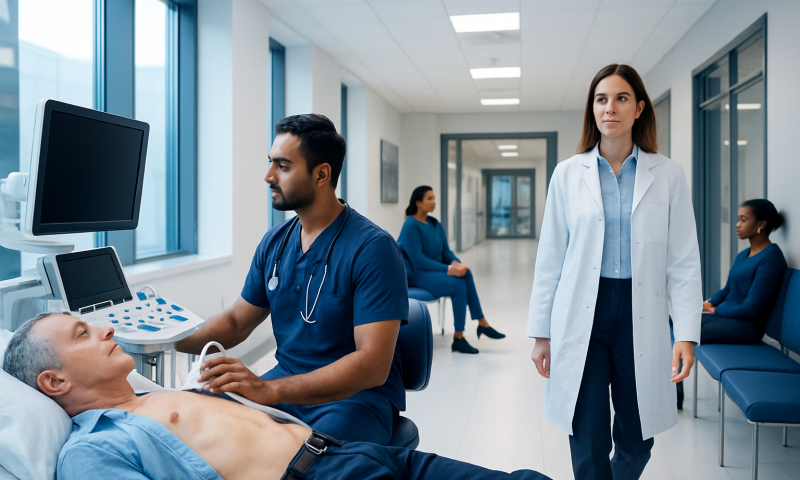 Medical professional performs echocardiogram on patient in hospital corridor.