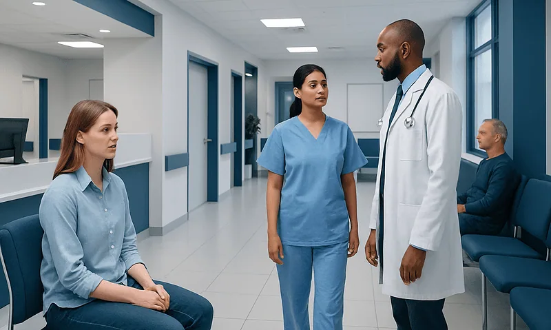 Medical consultation in hospital corridor with doctor and patients.