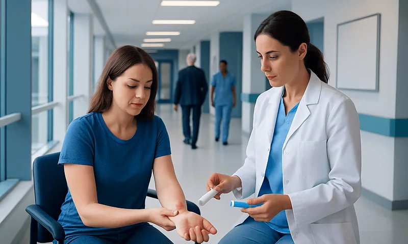 Doctor examining patient's wrist in hospital corridor.