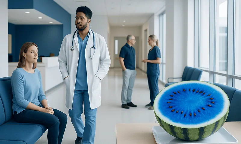 Doctor consulting with patient in hospital corridor with a large sliced kiwi on table.