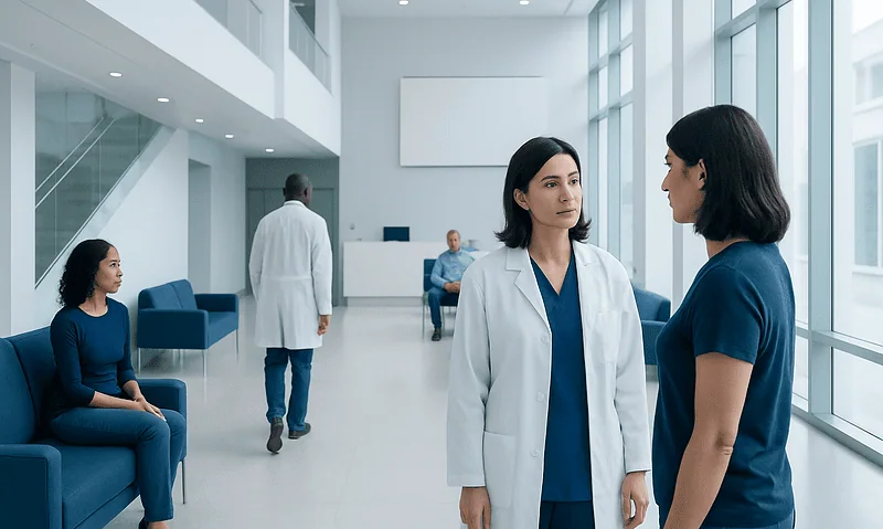 We May Be Doing Breast Cancer Screening ALL Wrong: How It Works, Results and What to Expect 4 Medical professionals and patients in a modern hospital lobby.
