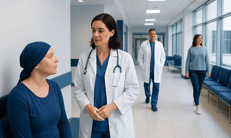 Doctor consulting a patient in a hospital corridor.