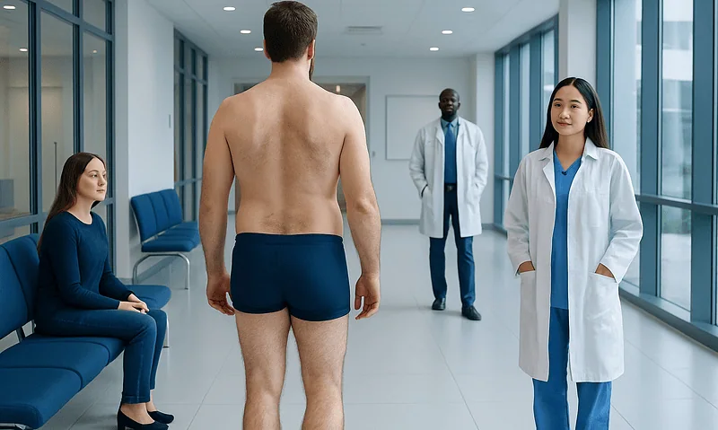 Patient undergoing examination in a hospital corridor with medical staff present.
