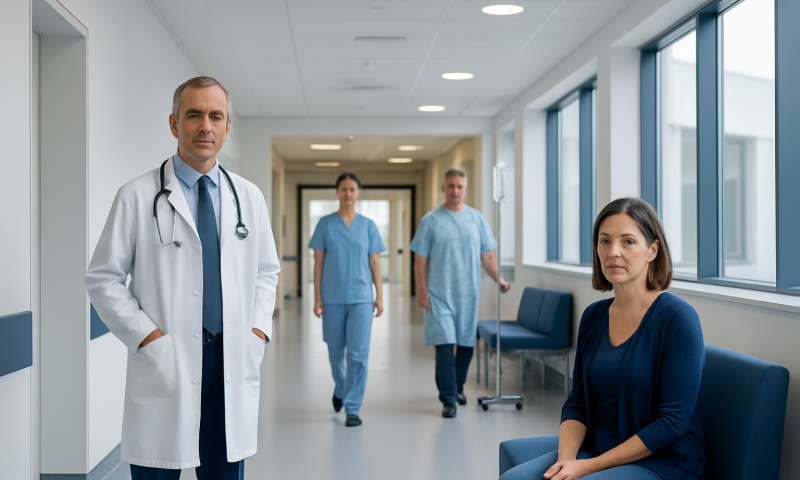 Medical team in hospital corridor with doctor and patients.
