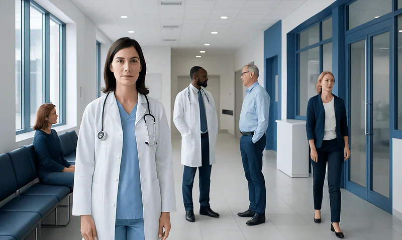 Medical professionals in a hospital corridor at Acibadem Hospitals Group.