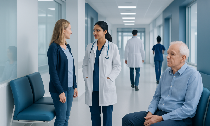 Healthcare professionals consulting with a senior patient in hospital corridor.