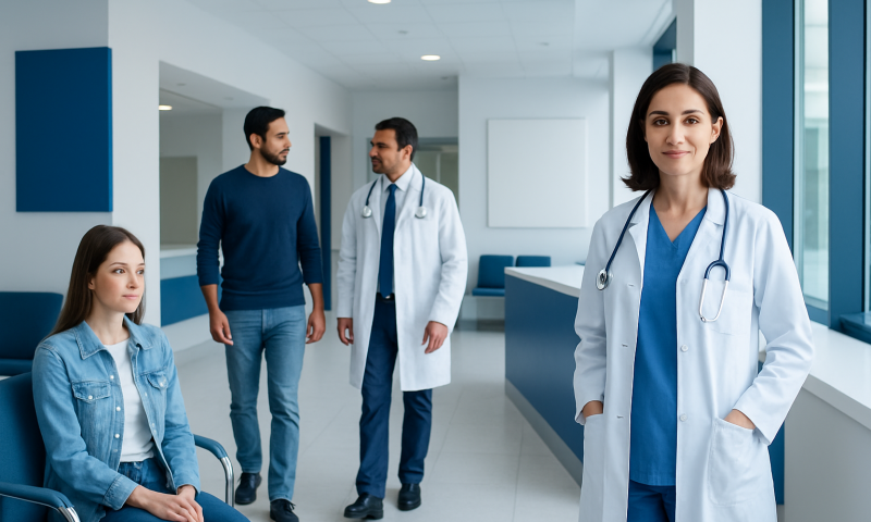 Healthcare professionals and patient in a modern hospital corridor.