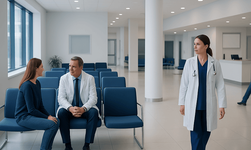 Medical consultation at Acibadem Hospital with doctor and patient in waiting area.