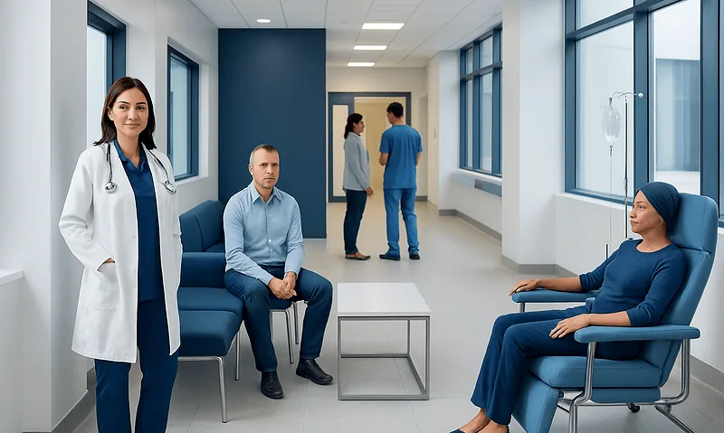 Patients and doctor in a hospital corridor at Acibadem Hospitals Group.