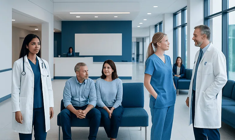 Medical team consulting in a modern hospital lobby with patients and staff.