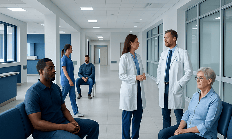 Medical team consulting with patients in a hospital corridor.