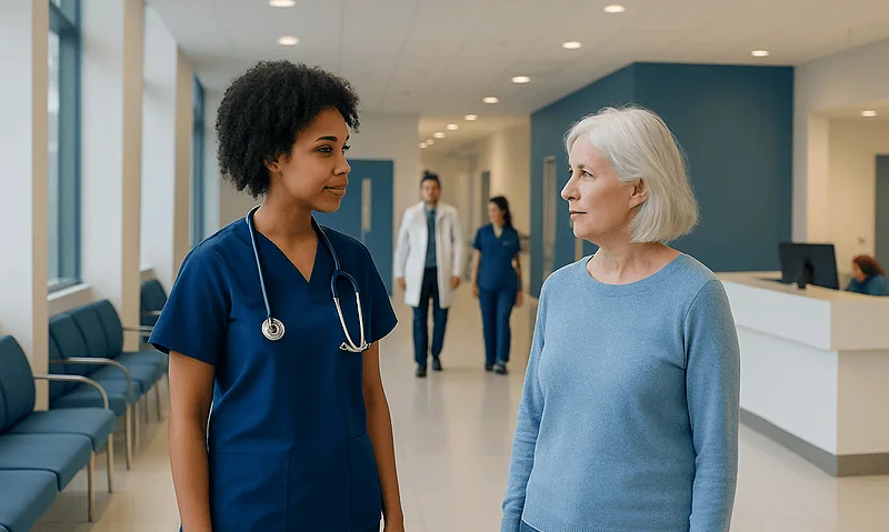 Healthcare professional and patient conversing in hospital corridor.