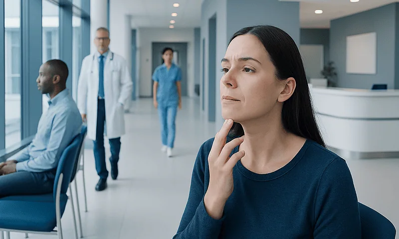 Woman contemplating in a hospital waiting area with medical staff in the background.