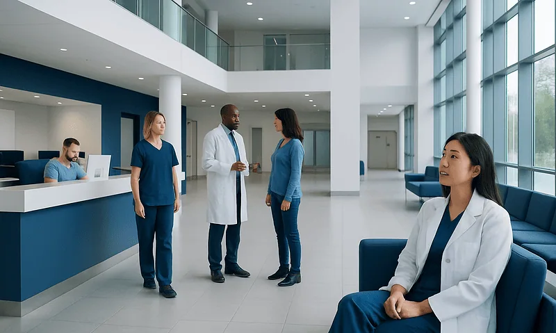Healthcare professionals and staff in a modern hospital lobby.