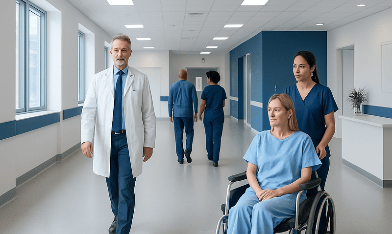 Medical team in hospital corridor with patient in wheelchair.