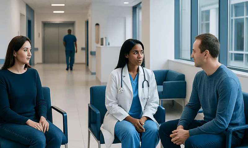 Doctor consulting with patients in a hospital waiting area.