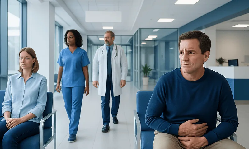 Patient experiencing abdominal discomfort in a hospital waiting area.