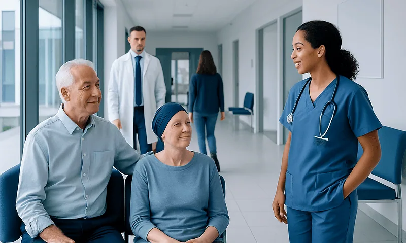 Healthcare professional talking to cancer patient in hospital corridor.