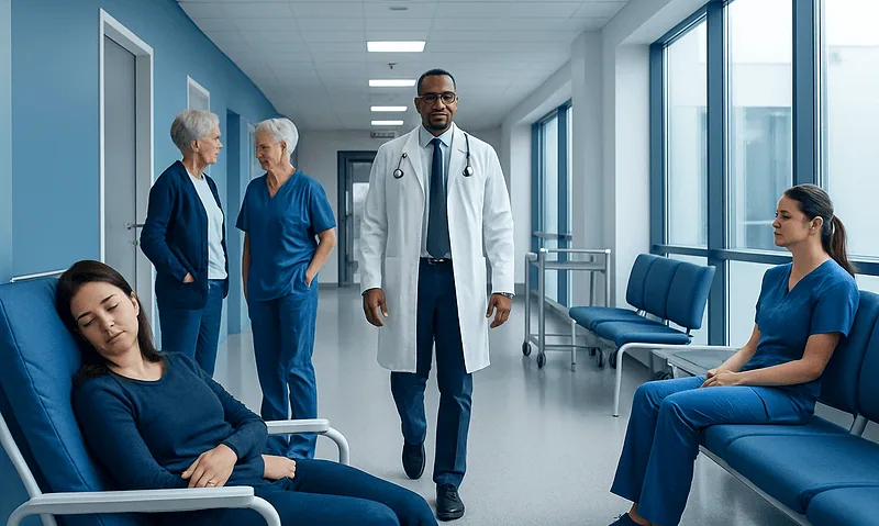 Medical professionals and patients in a hospital corridor.