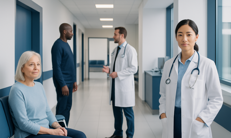 Medical team consulting with a patient in a hospital corridor.