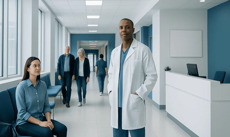 Medical professional in hospital corridor with patients and staff.