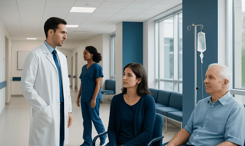 Doctor consulting with patients in a hospital corridor.