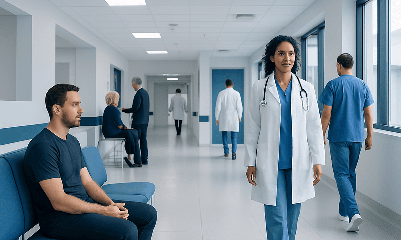 Healthcare professionals and patients in a modern hospital corridor.