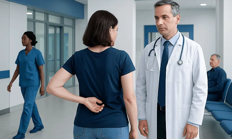 Doctor consulting a patient in a hospital corridor with medical staff in background.