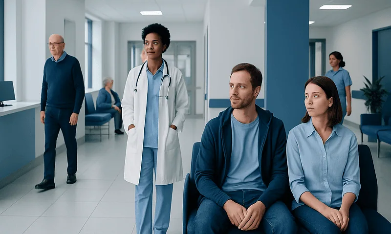 Diverse group of patients and healthcare professionals in hospital corridor.