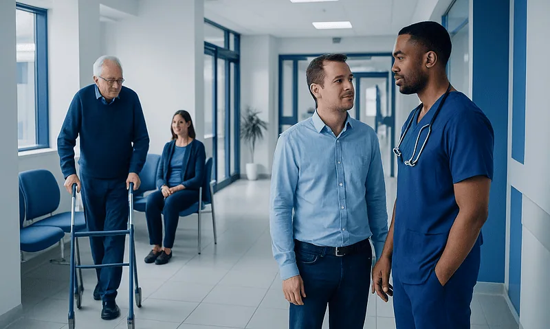 Medical consultation with healthcare professionals in a hospital corridor.