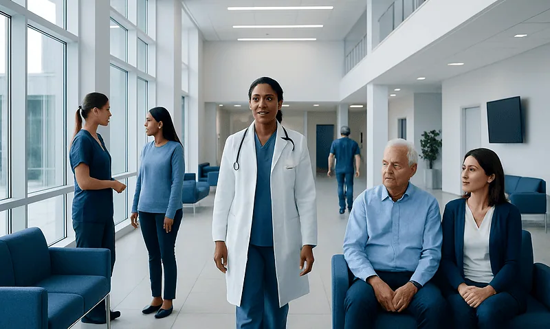 Healthcare professionals and patients in a modern hospital waiting area.