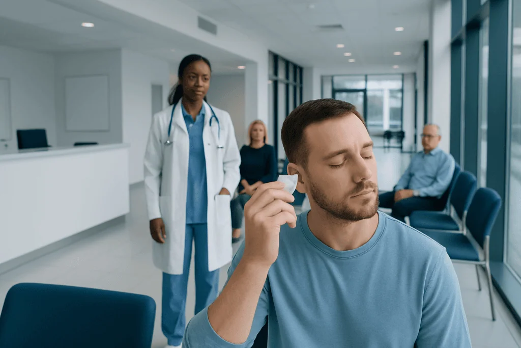 Rubbing Alcohol in Ear: A Complete Medical Overview 1 Young man receiving ear examination at Acibadem Hospital.