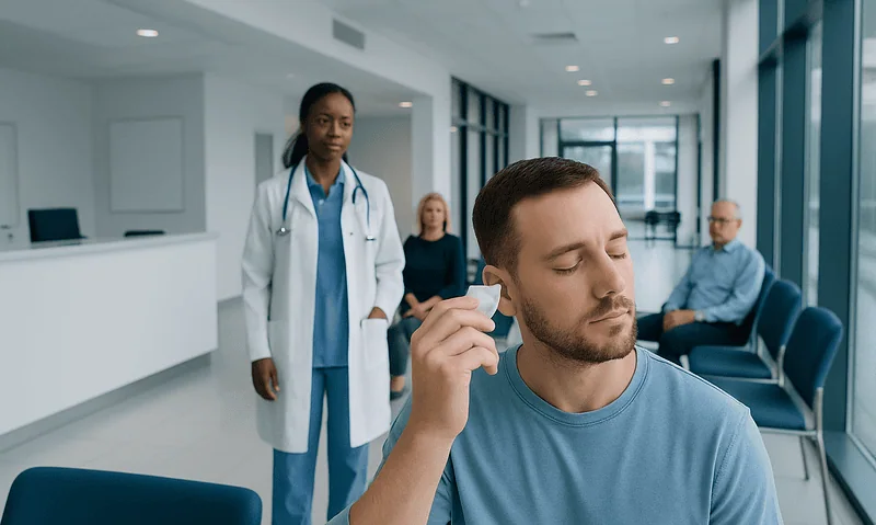 Young man receiving ear examination at Acibadem Hospital.