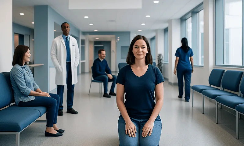 Healthcare professionals and patient in a modern hospital corridor.
