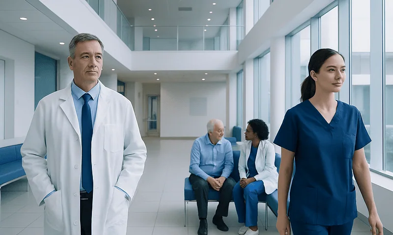 Medical professionals and patients in a modern hospital corridor.
