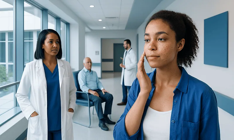 Young woman with pimple concerns consulting dermatology at hospital.