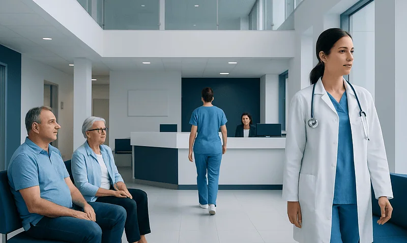 Healthcare professionals and patients in a modern hospital lobby.