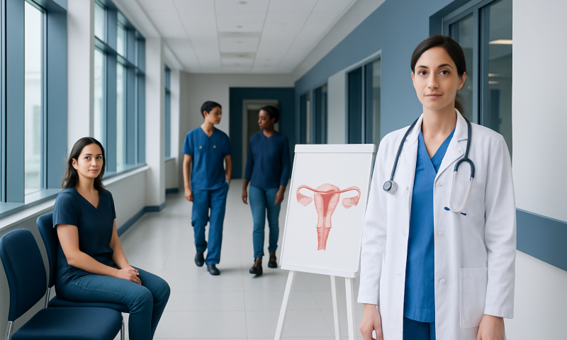 Is the Cervix Removed in Hysterectomy: Procedure, Recovery and Results 4 Medical team in hospital corridor with uterus diagram for gynecological care.