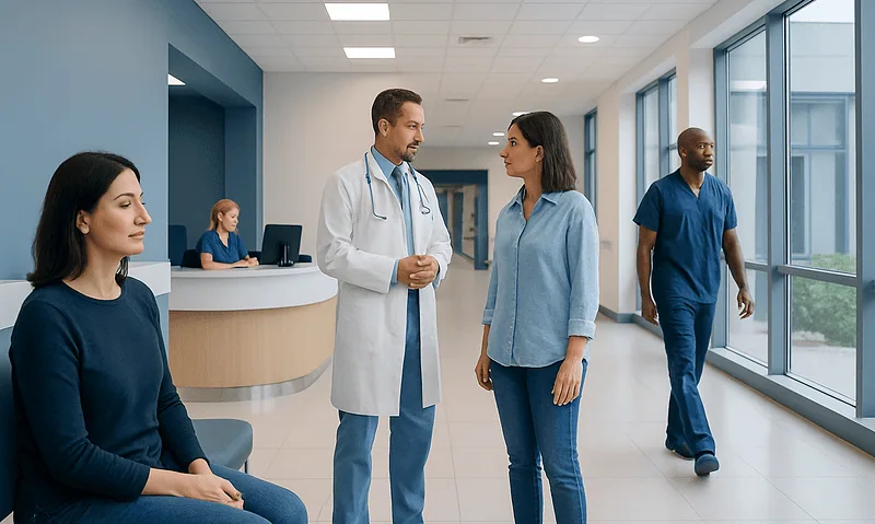 Healthcare professionals and patient in a modern hospital corridor.