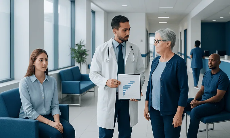 Doctor discussing treatment options with elderly patient in hospital waiting area.