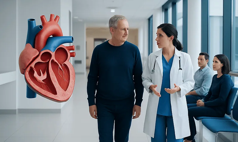 Doctor discussing heart health with patient in hospital corridor.