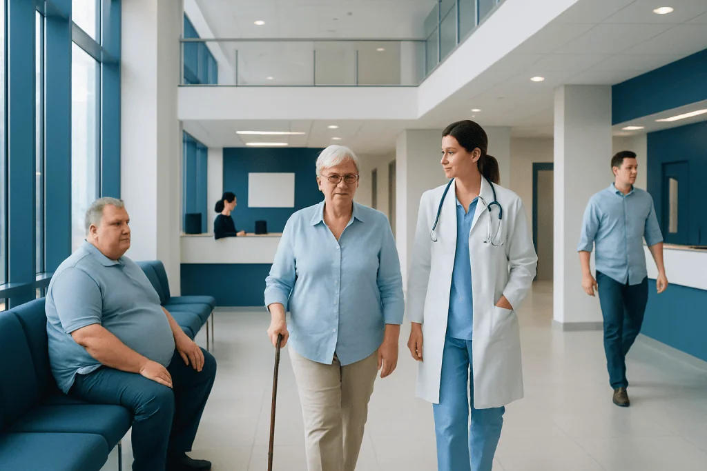 What Is the Maximum Weight for Knee Replacement: Procedure, Recovery and Results 1 Senior patient walking with nurse in hospital corridor.