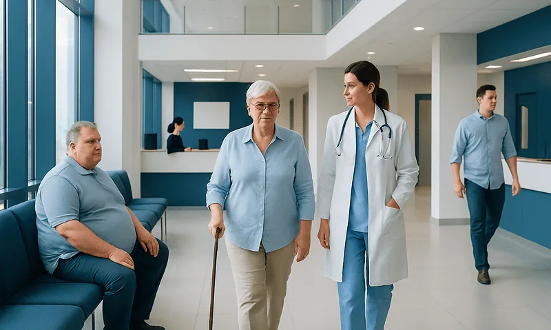 Senior patient walking with nurse in hospital corridor.