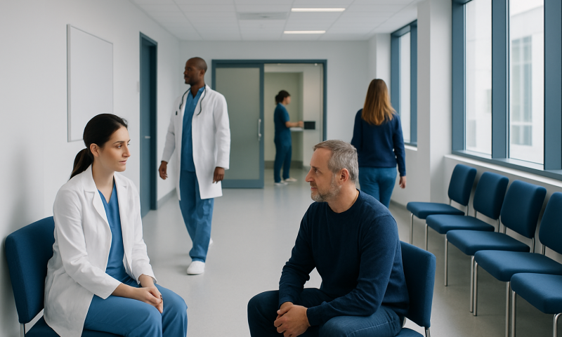 Doctor consulting a patient in a modern hospital corridor.